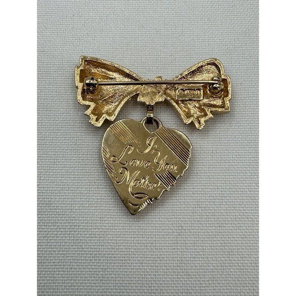 Avon I Love You Mother Brooch Pin 2 Piece Bow & Dangling Heart  Golden - Picture 2 of 6